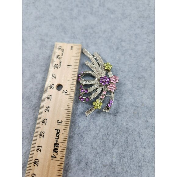 Vintage Rhinestone Floral Brooch Pin With Pink & Yellow Flowers - Picture 3 of 4